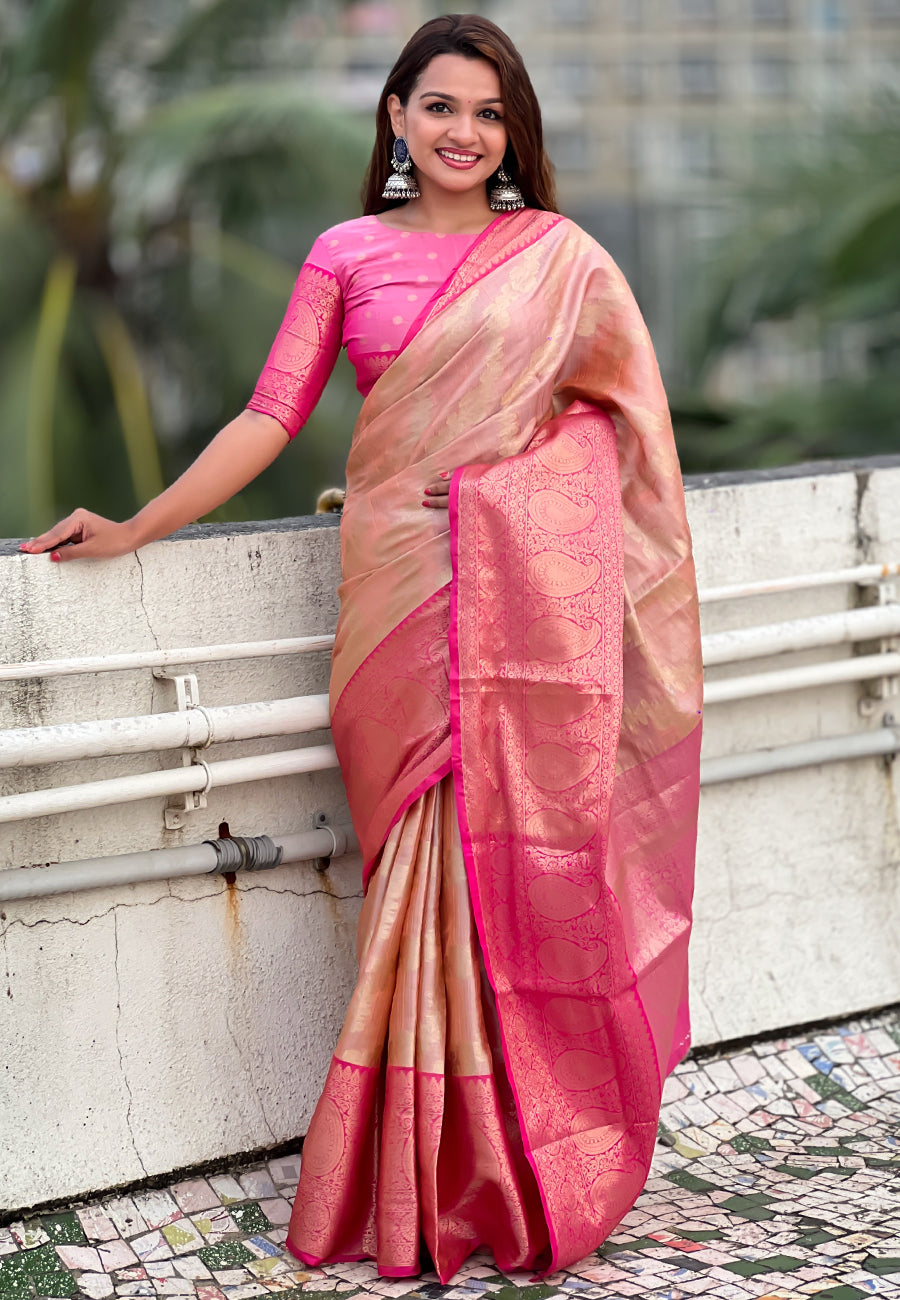 Peach Kanjivaram Soft Tissue Silk Leheriya Traditional Zari Woven Saree
