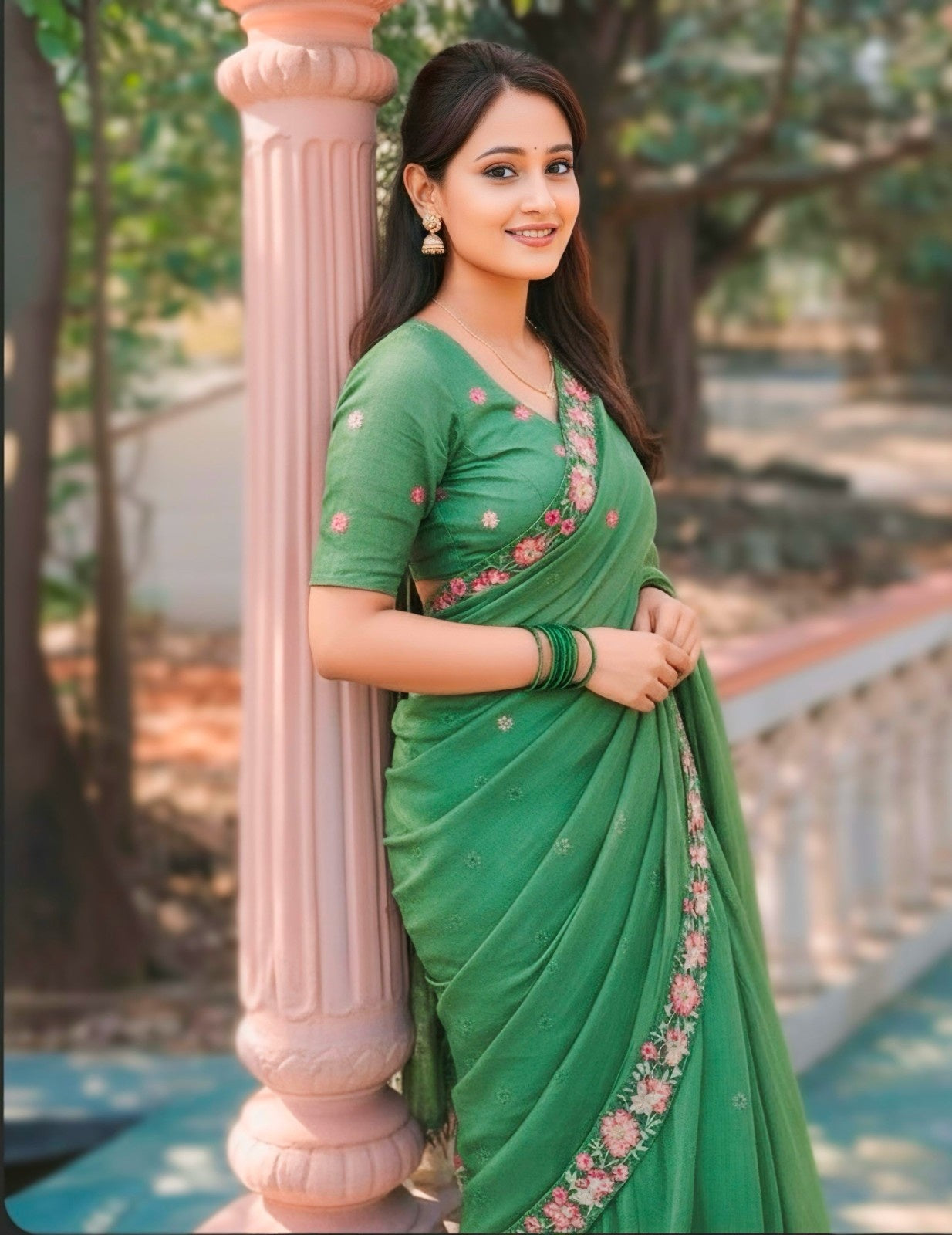 Pista Green Pure Crush Embroidered Saree with Multicolor Floral Motifs and Cutwork Border