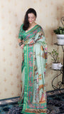 Sea Green Tussar Silk Pattachitra Traditional Printed Zari Woven Saree