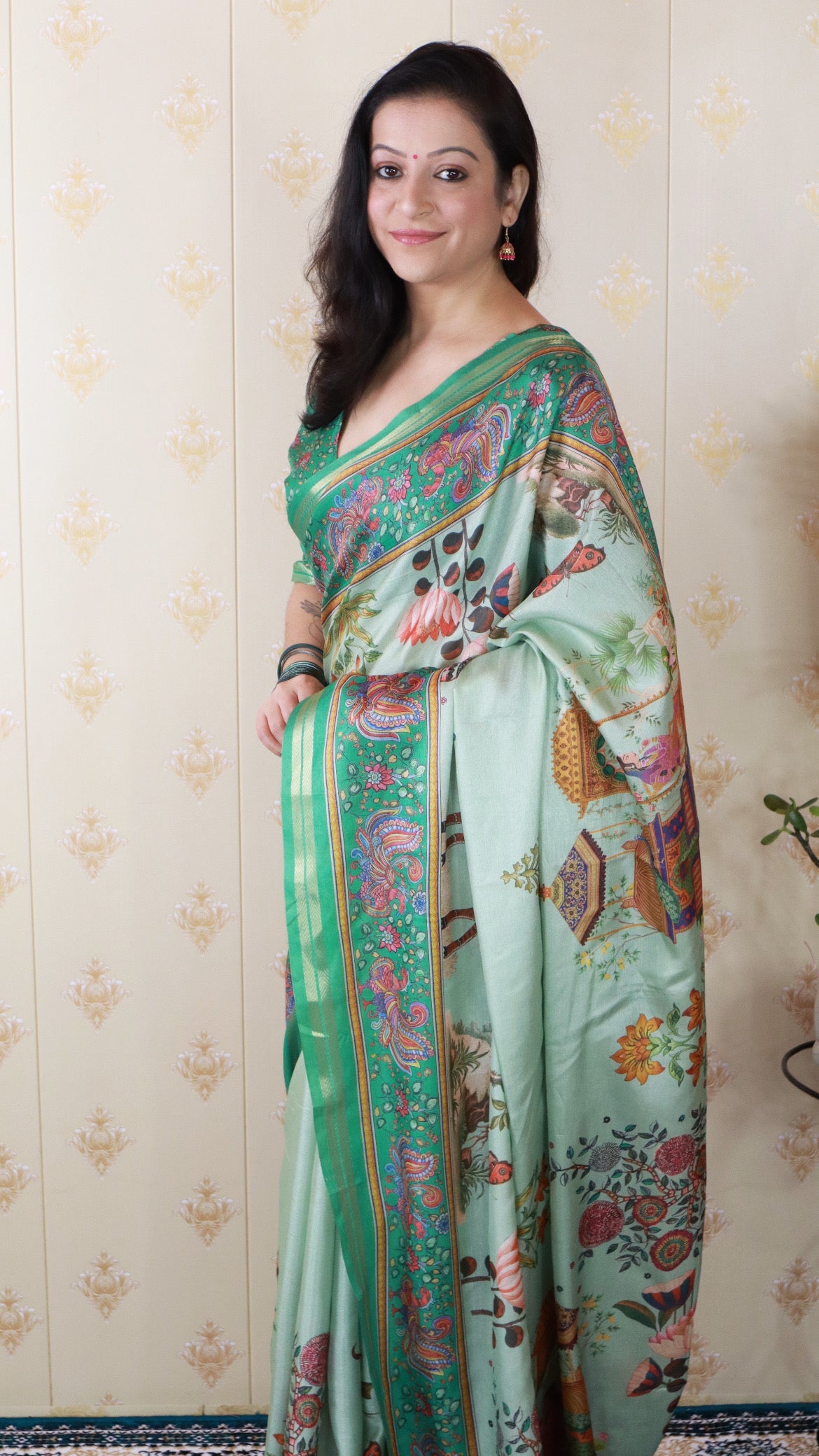 Sea Green Tussar Silk Pattachitra Traditional Printed Zari Woven Saree