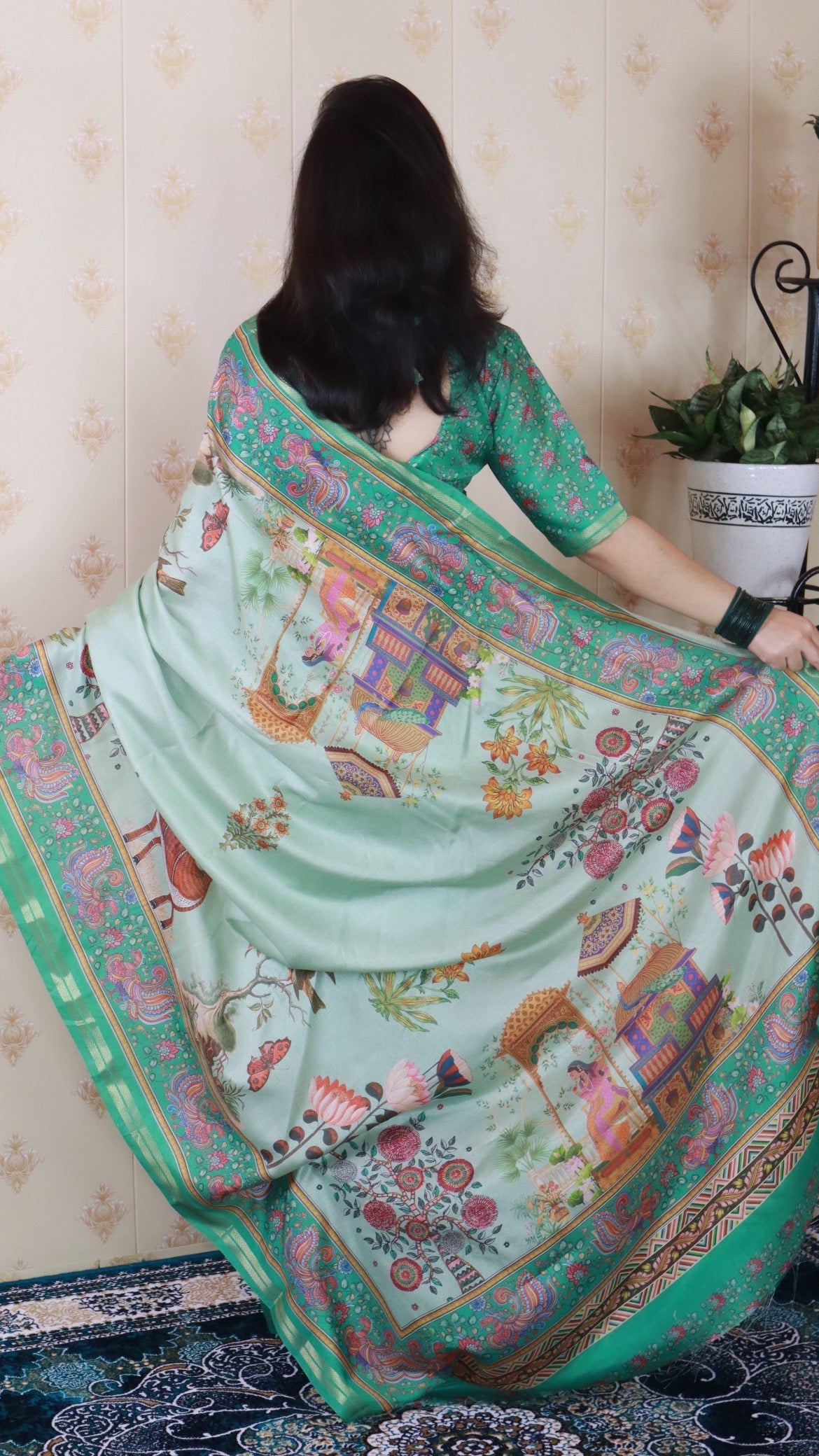 Sea Green Tussar Silk Pattachitra Traditional Printed Zari Woven Saree