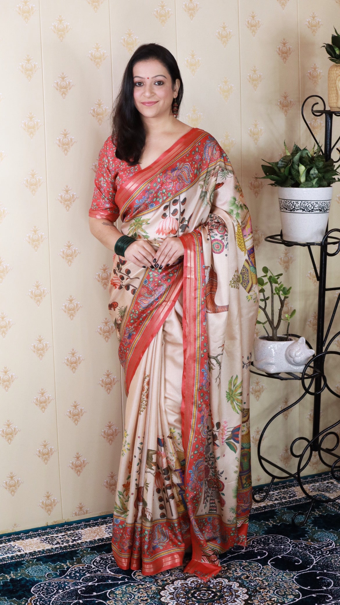 Red Tussar Silk Pattachitra Traditional Printed Zari Woven Saree