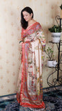 Red Tussar Silk Pattachitra Traditional Printed Zari Woven Saree