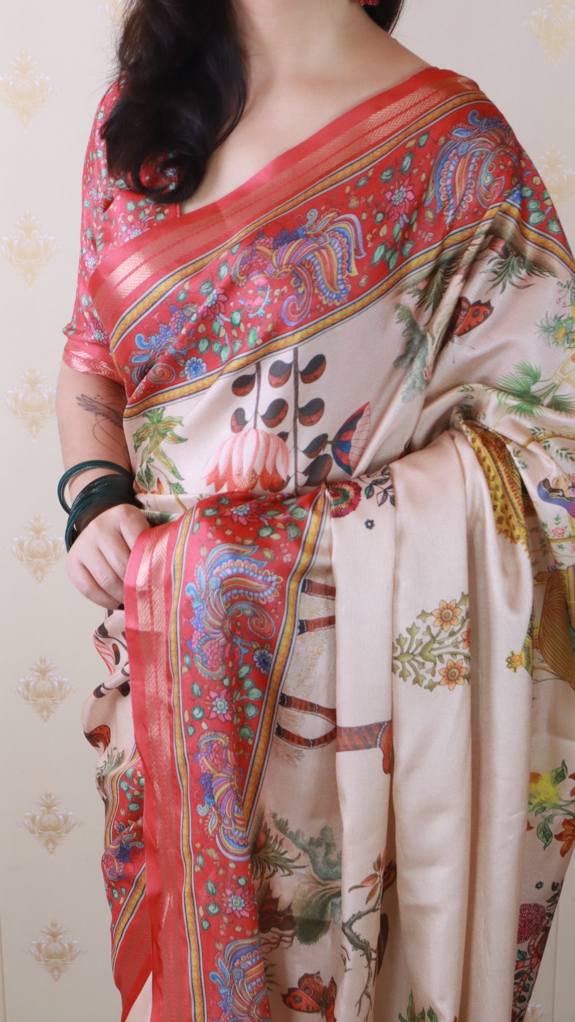 Red Tussar Silk Pattachitra Traditional Printed Zari Woven Saree