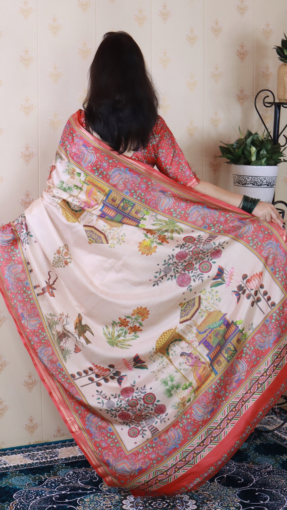 Red Tussar Silk Pattachitra Traditional Printed Zari Woven Saree