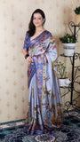Blue Tussar Silk Pattachitra Traditional Printed Zari Woven Saree