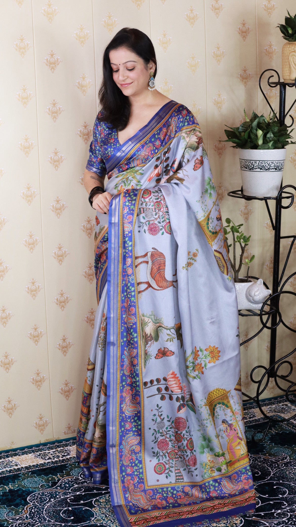 Blue Tussar Silk Pattachitra Traditional Printed Zari Woven Saree