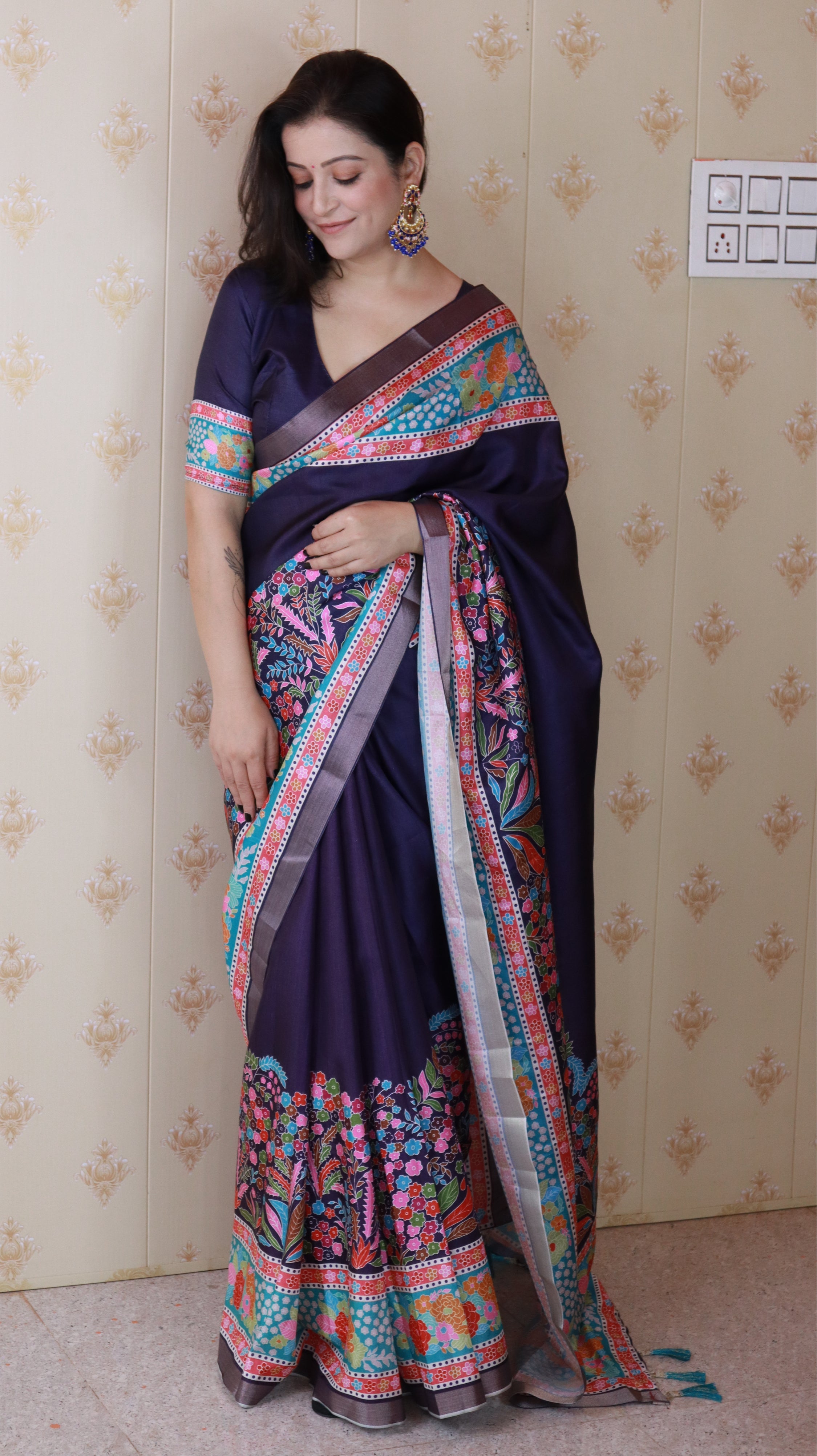 Navy Blue Tussar Silk Floral Printed Saree with Zari Woven Border