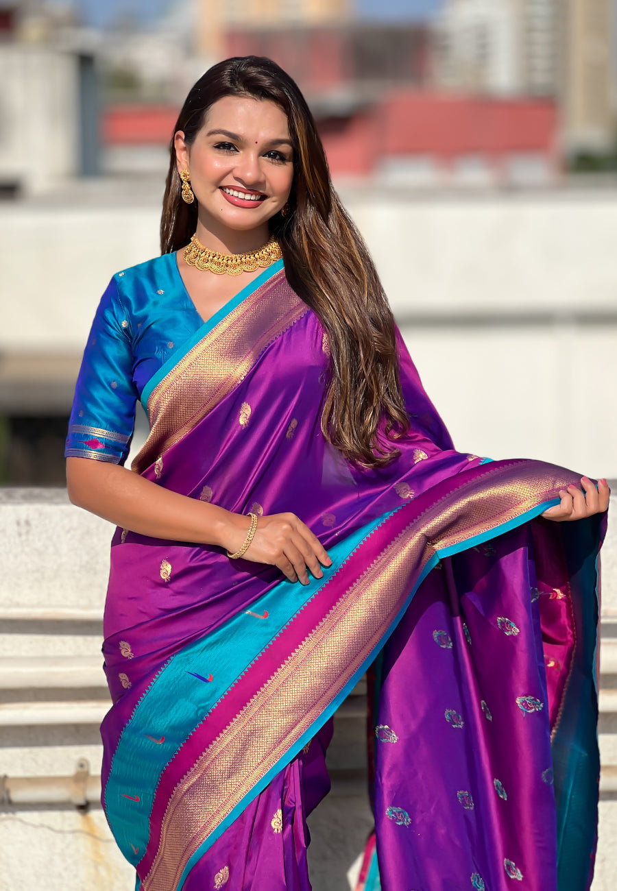 Purple Paithani Silk Saree with Muniya Satin Border