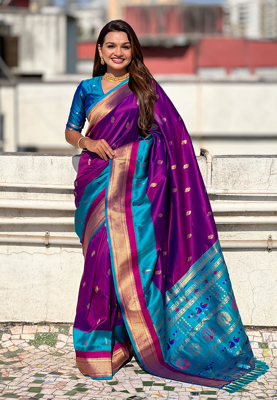 Purple Paithani Silk Saree with Muniya Satin Border