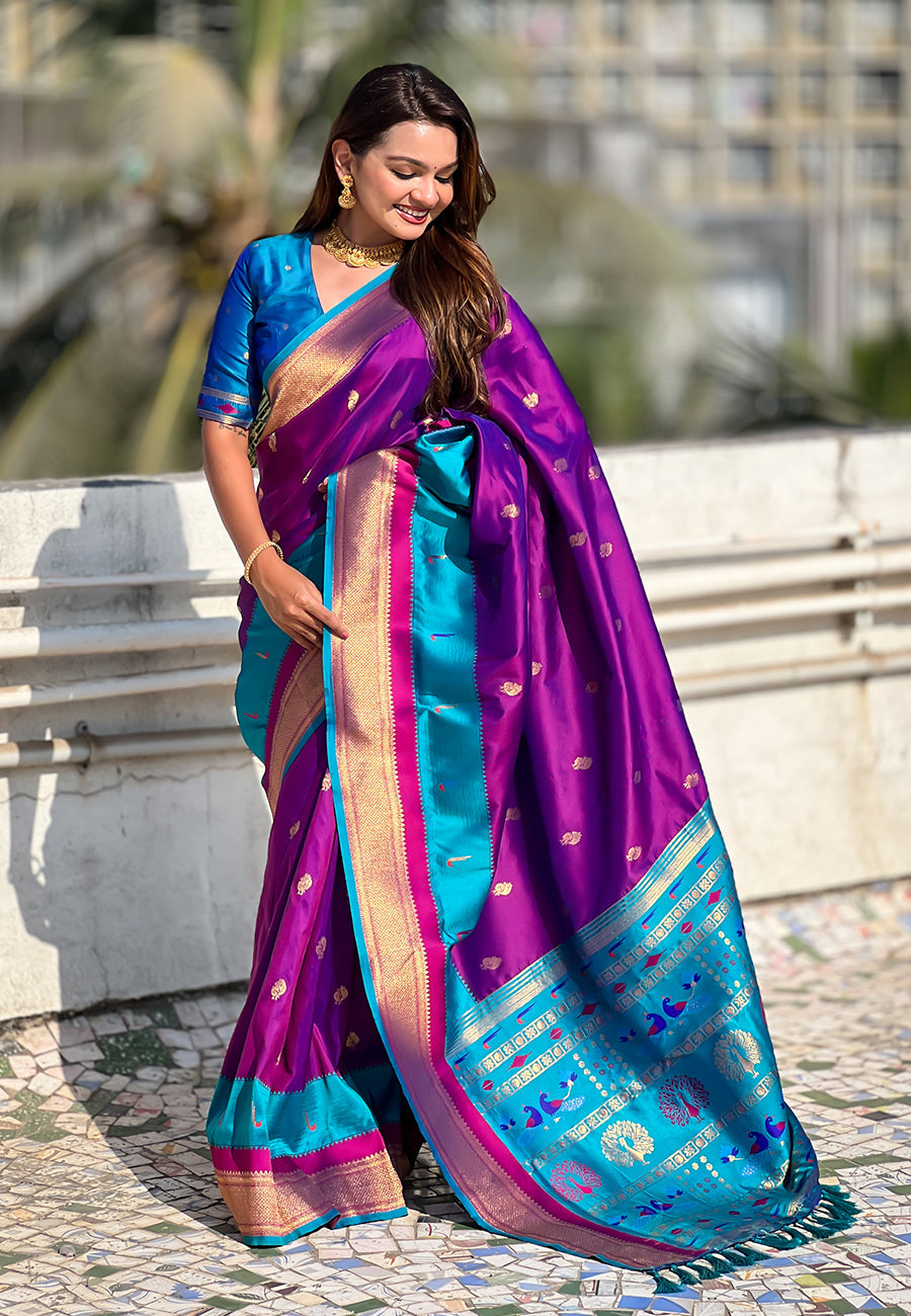 Purple Paithani Silk Saree with Muniya Satin Border