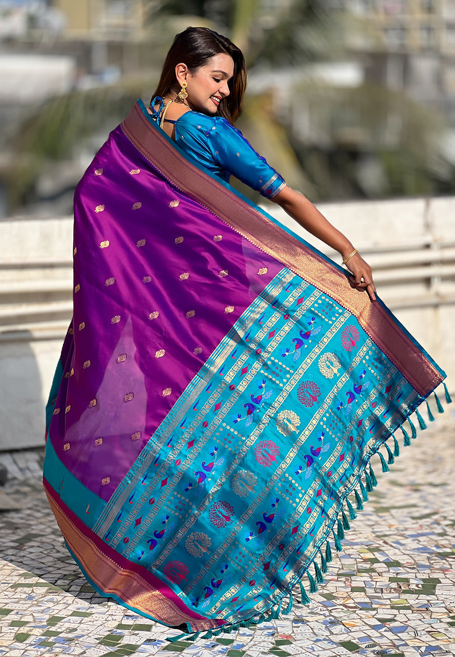 Purple Paithani Silk Saree with Muniya Satin Border