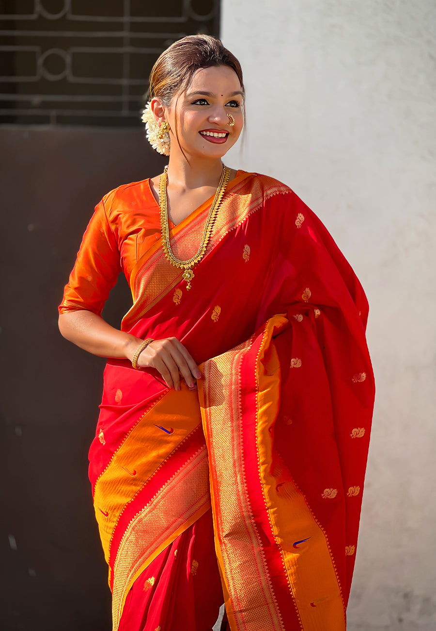 Red Paithani Silk Saree with Muniya Satin Border