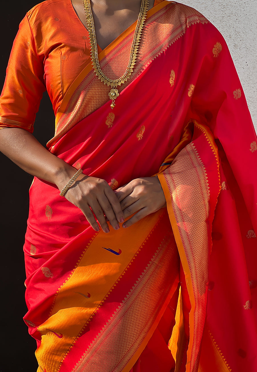 Red Paithani Silk Saree with Muniya Satin Border