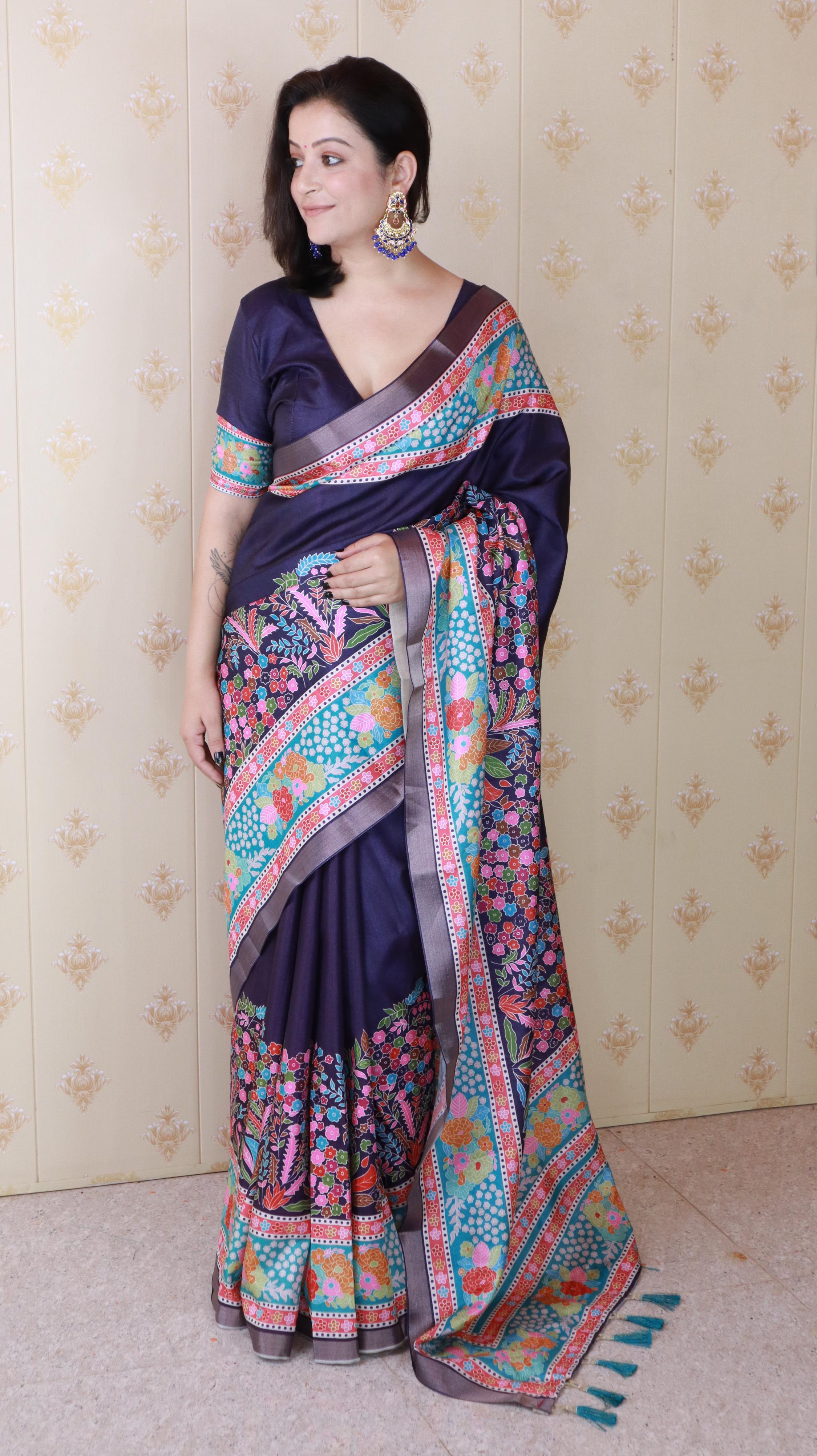 Navy Blue Tussar Silk Floral Printed Saree with Zari Woven Border