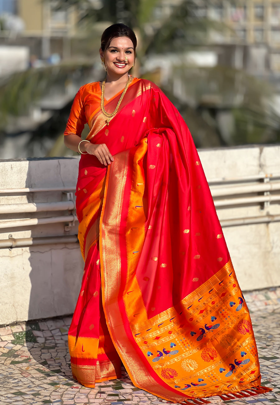 Red Paithani Silk Saree with Muniya Satin Border