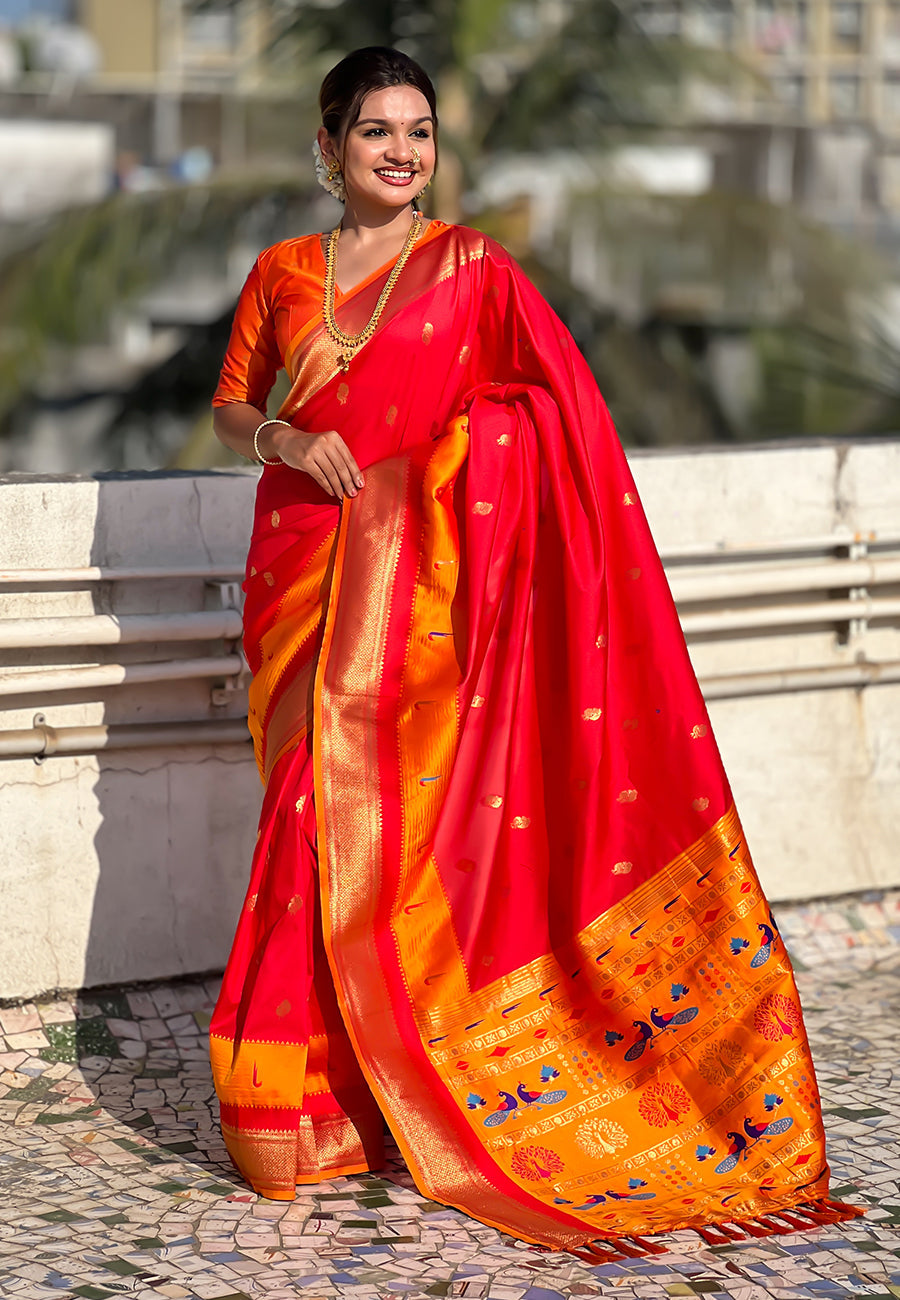 Red Paithani Silk Saree with Muniya Satin Border
