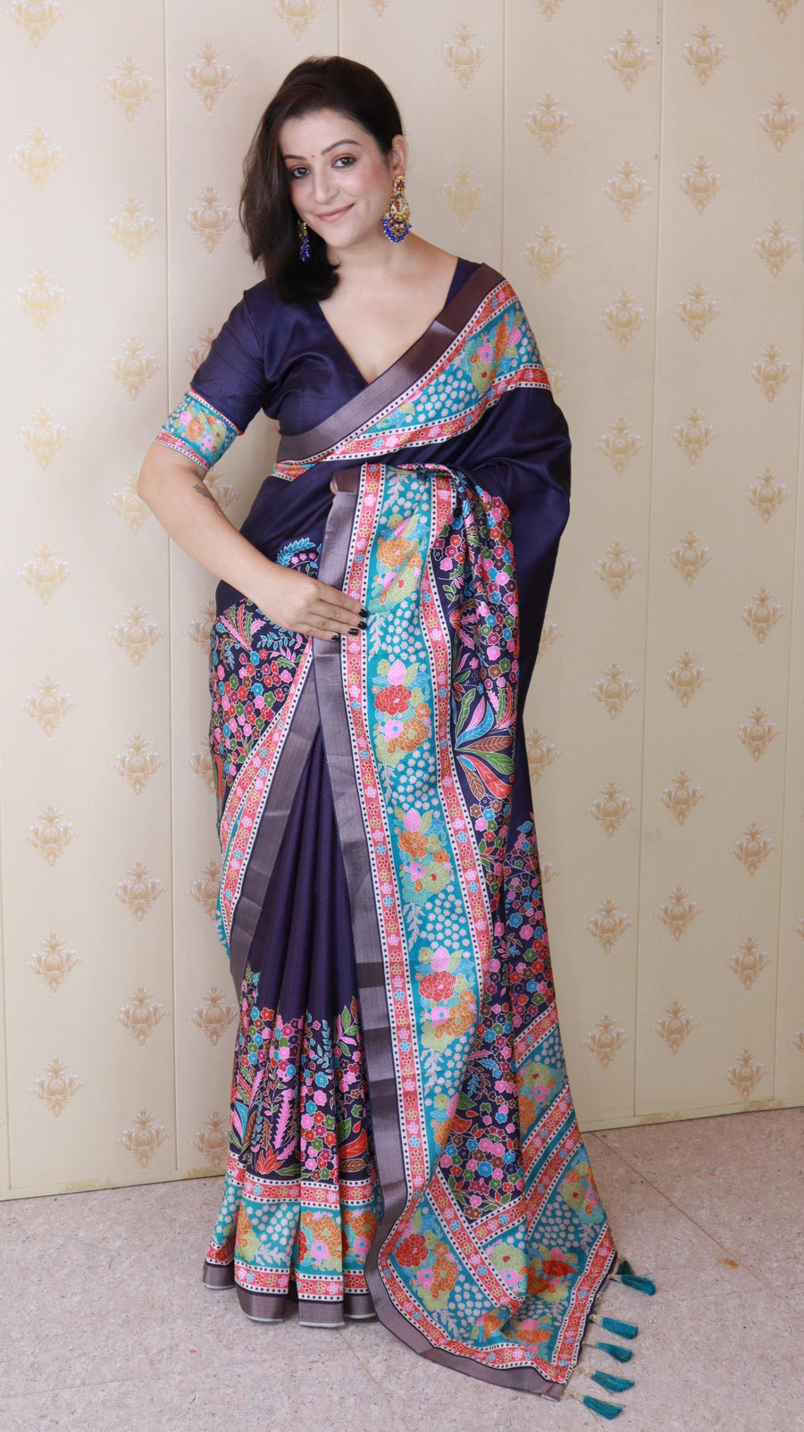 Navy Blue Tussar Silk Floral Printed Saree with Zari Woven Border