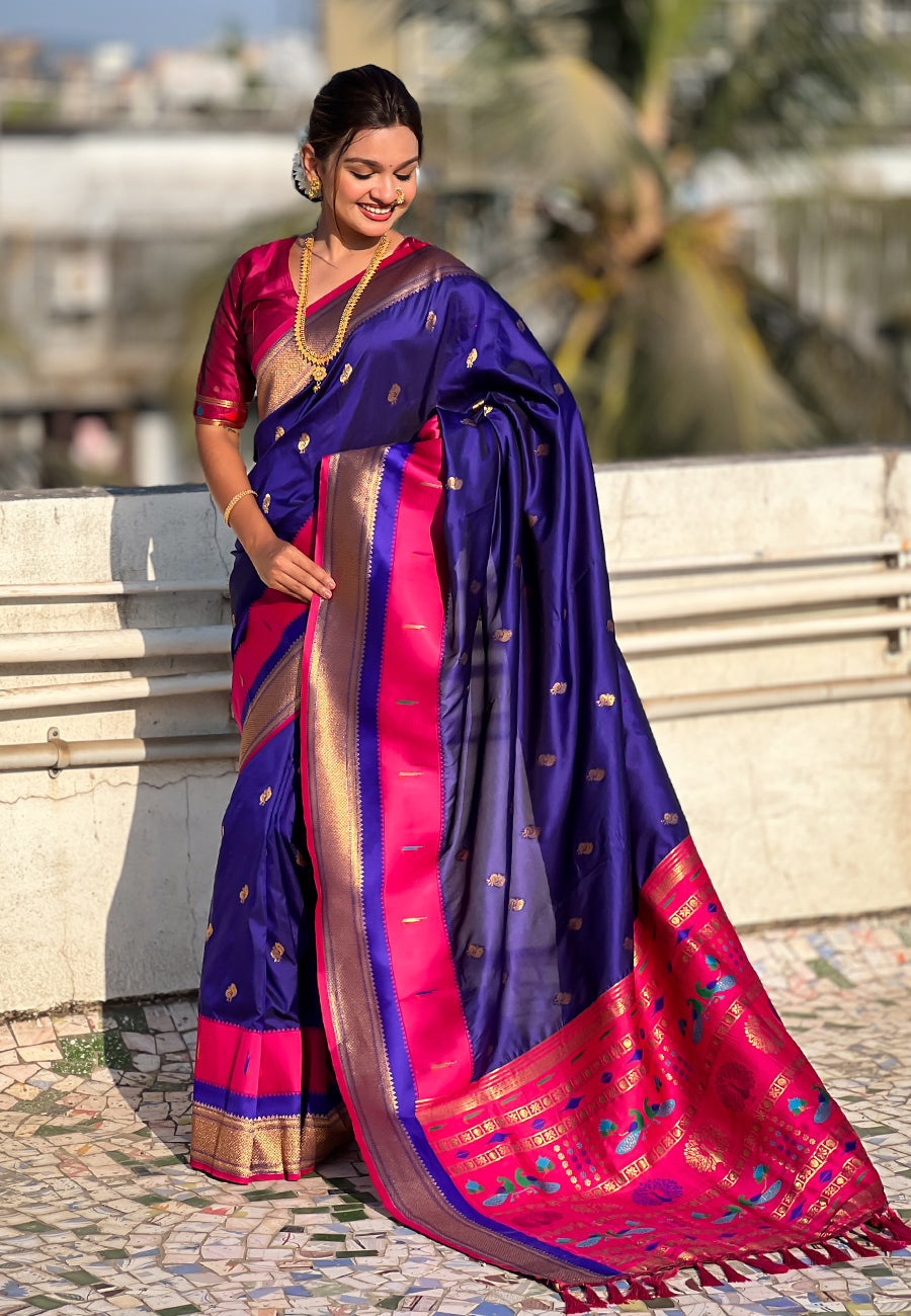 Violet Paithani Silk Saree with Muniya Satin Border