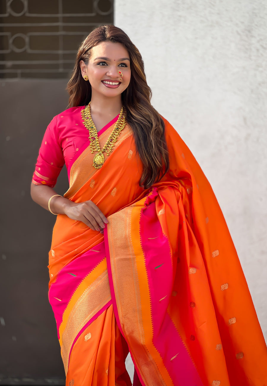 Orange Paithani Silk Saree with Muniya Satin Border