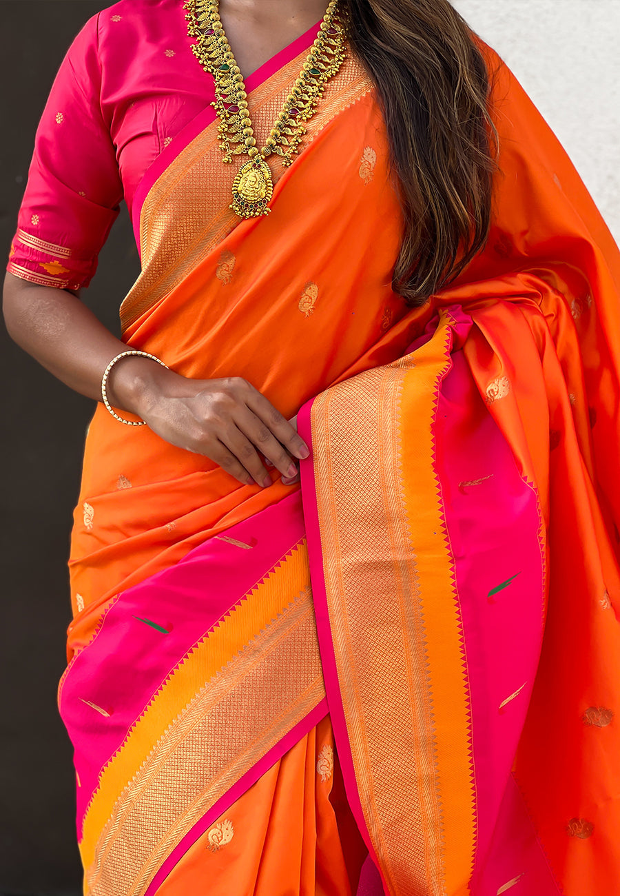 Orange Paithani Silk Saree with Muniya Satin Border