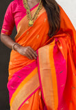 Orange Paithani Silk Saree with Muniya Satin Border