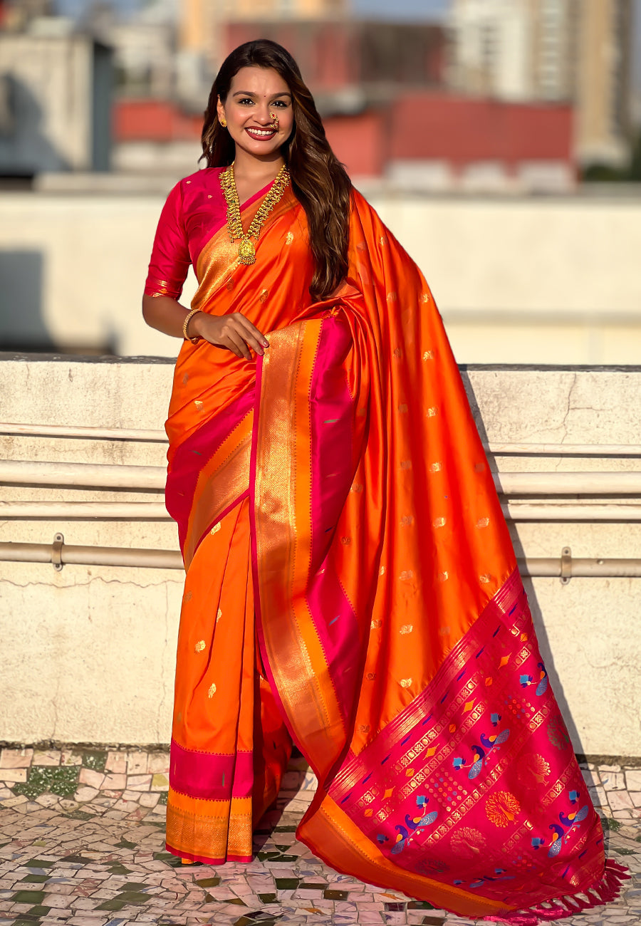 Orange Paithani Silk Saree with Muniya Satin Border