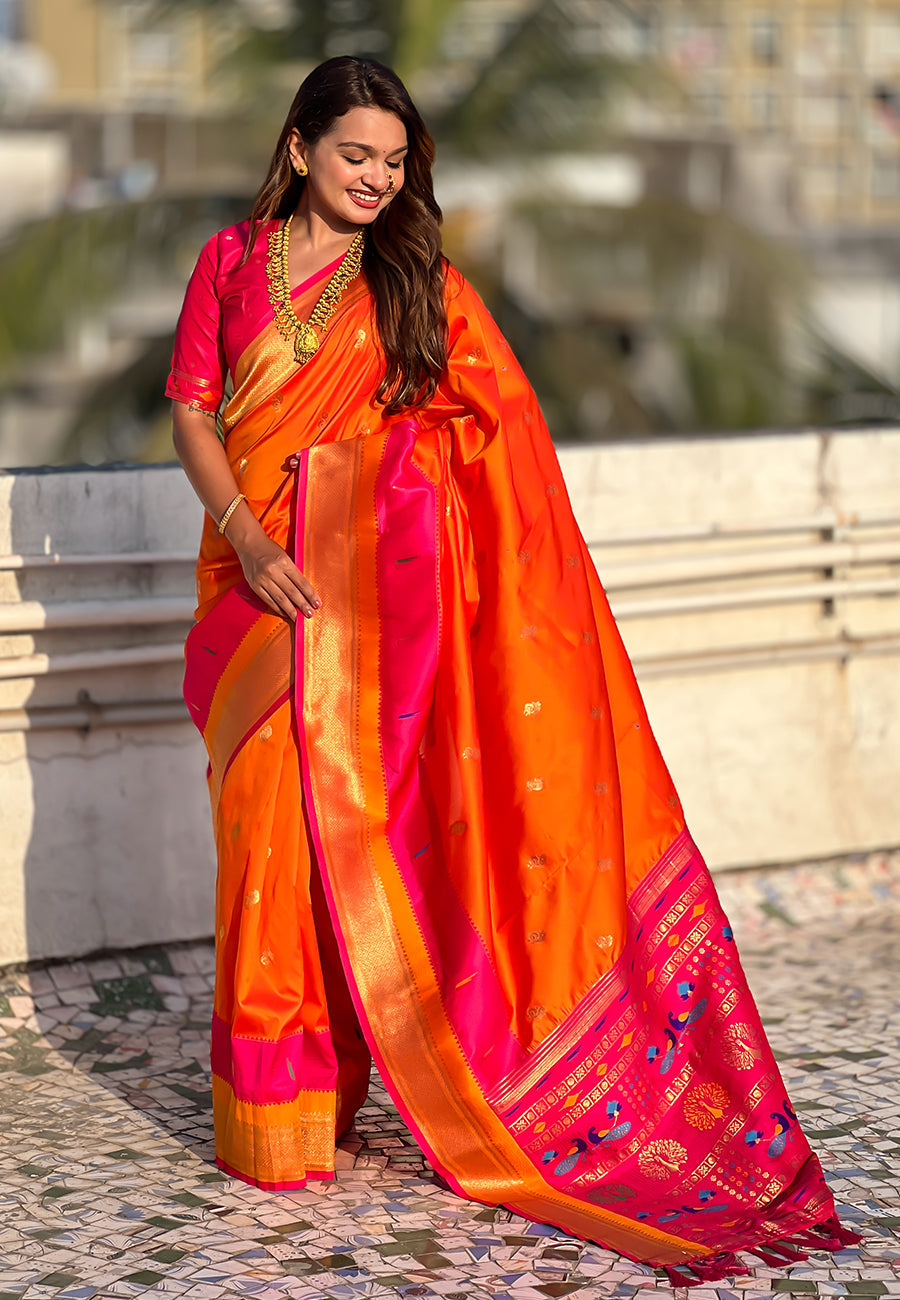 Orange Paithani Silk Saree with Muniya Satin Border