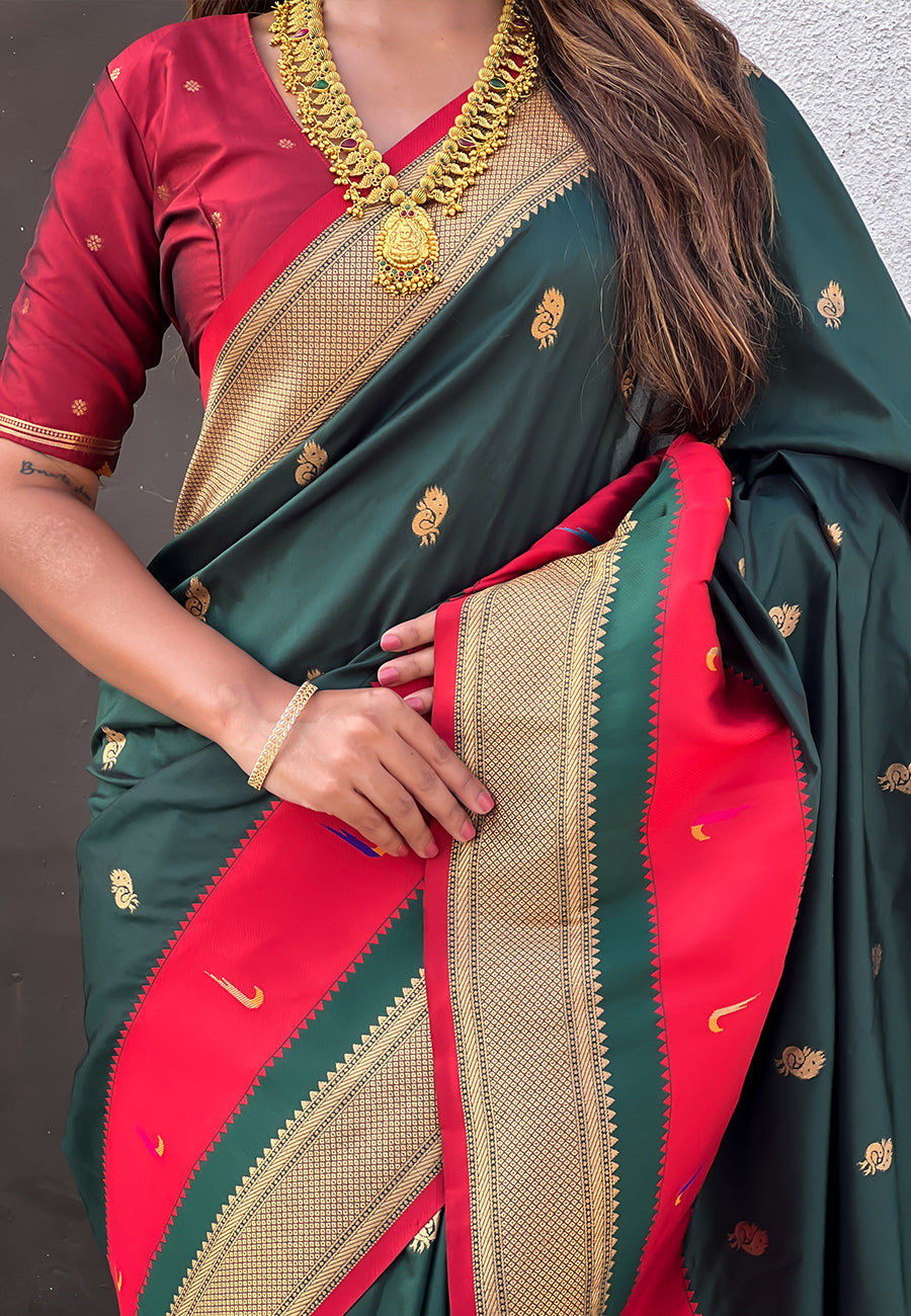 Bottle Green Paithani Silk Saree with Muniya Satin Border