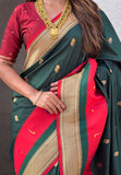 Bottle Green Paithani Silk Saree with Muniya Satin Border