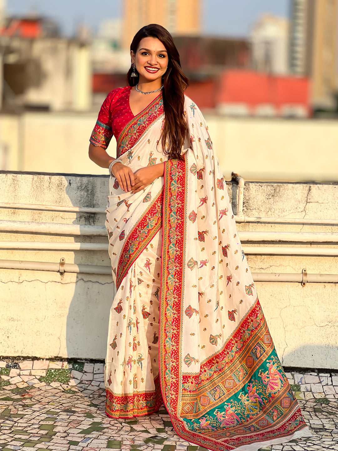 White Pure Viscose Silk Position Printed Traditional Saree