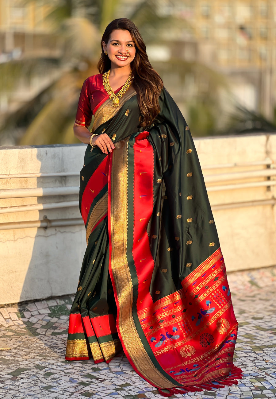 Bottle Green Paithani Silk Saree with Muniya Satin Border
