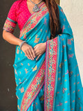 Rama Blue Pure Viscose Silk Position Printed Traditional Saree