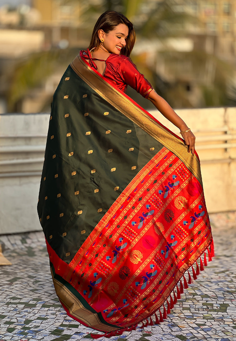 Bottle Green Paithani Silk Saree with Muniya Satin Border
