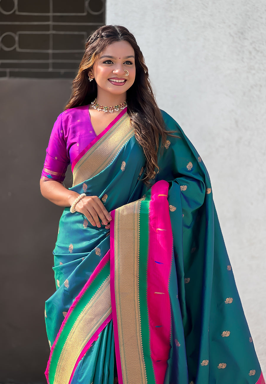 Green Paithani Silk Saree with Muniya Satin Border