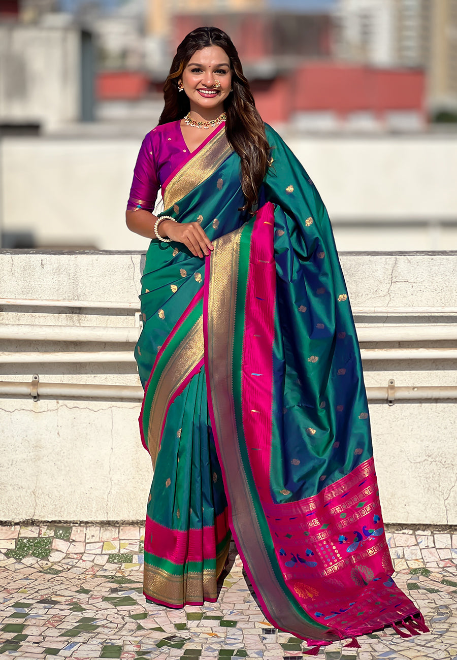 Green Paithani Silk Saree with Muniya Satin Border