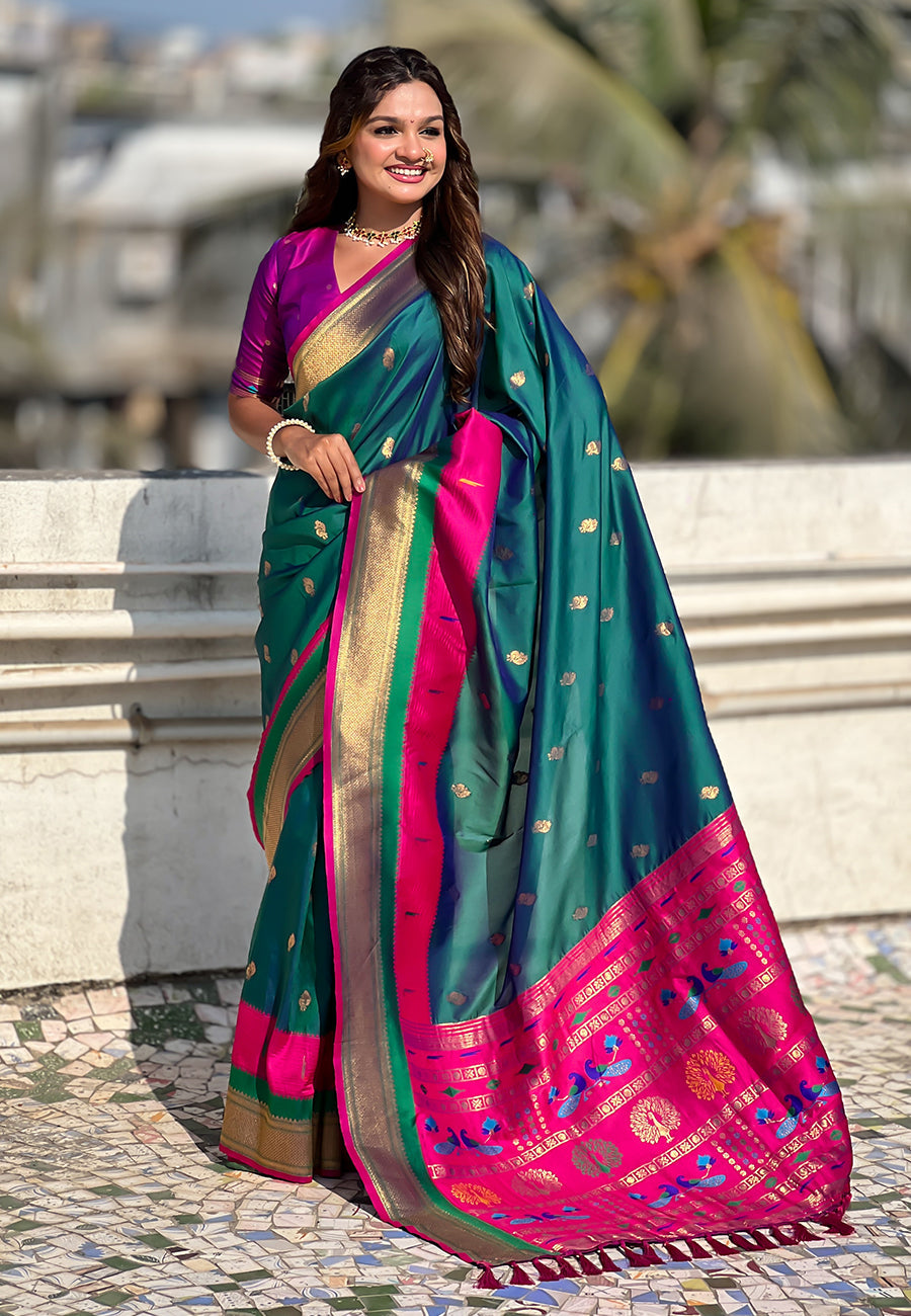 Green Paithani Silk Saree with Muniya Satin Border