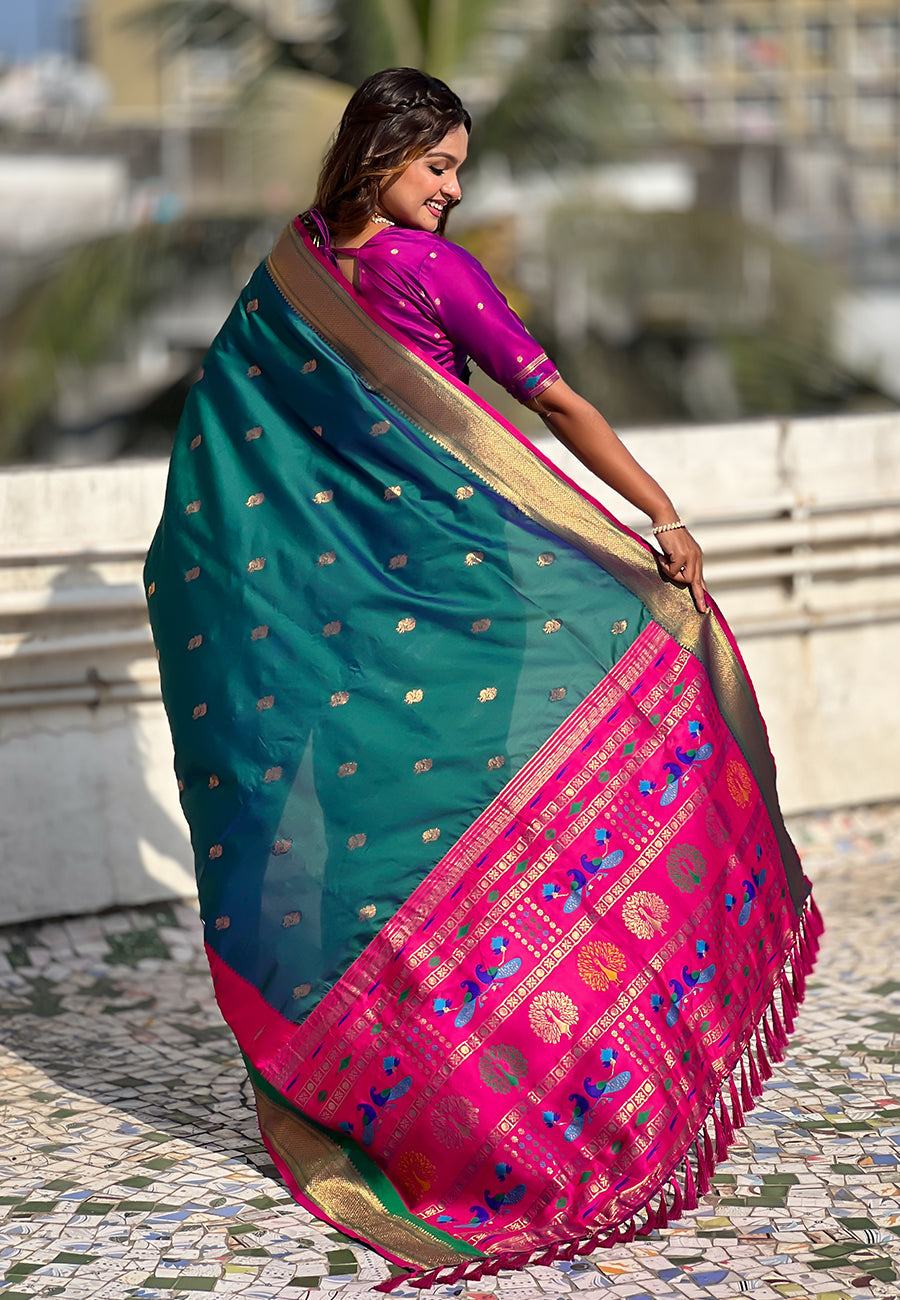Green Paithani Silk Saree with Muniya Satin Border