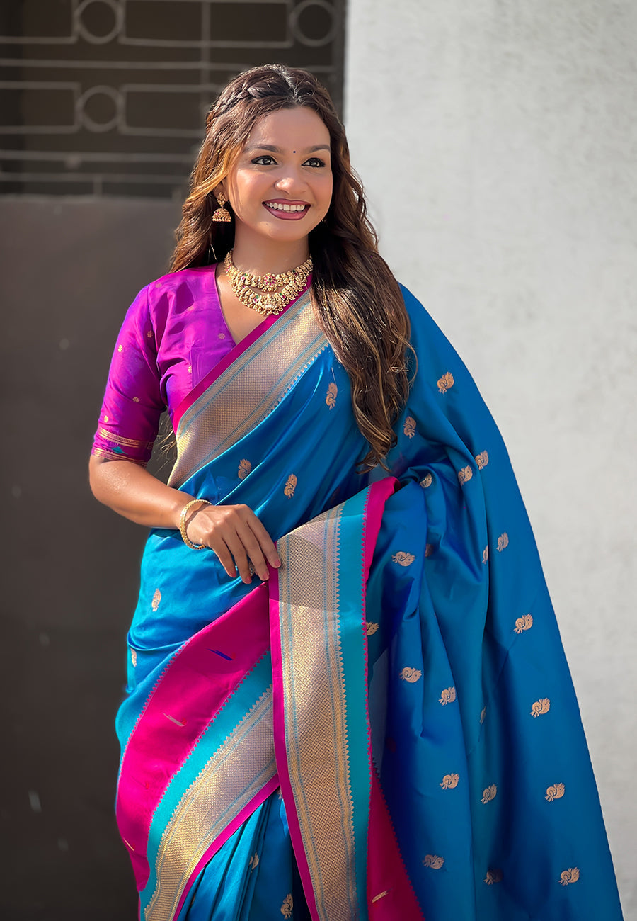 Blue Paithani Silk Saree with Muniya Satin Border