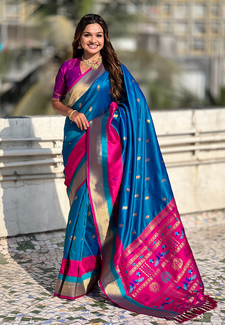 Blue Paithani Silk Saree with Muniya Satin Border