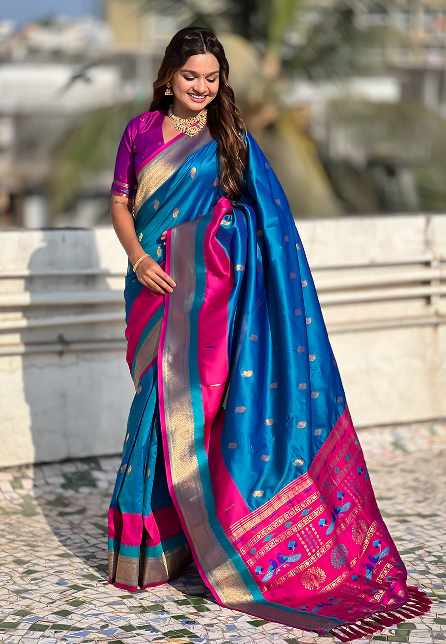 Blue Paithani Silk Saree with Muniya Satin Border