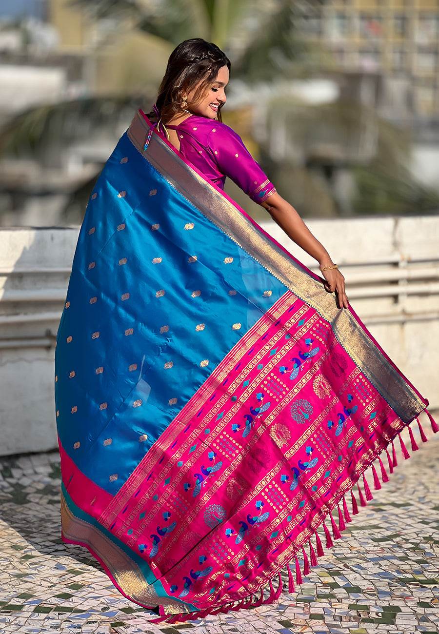 Blue Paithani Silk Saree with Muniya Satin Border