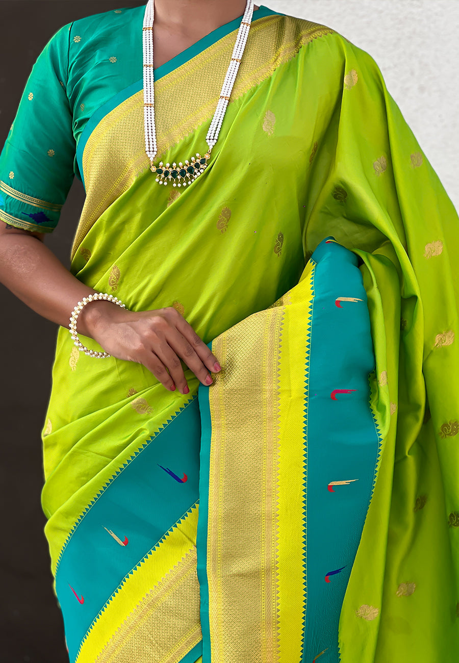 Pista Paithani Silk Saree with Muniya Satin Border