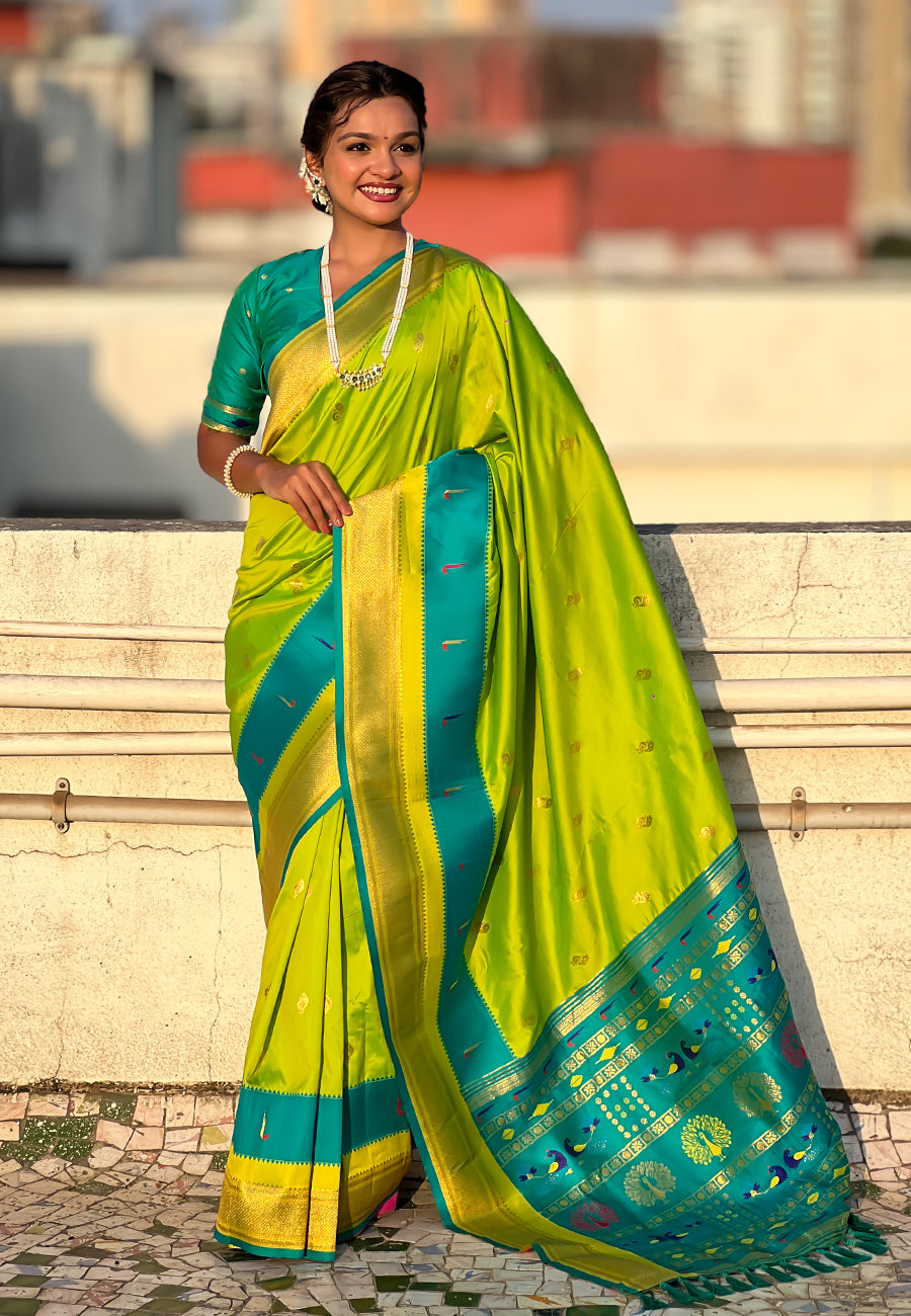 Pista Paithani Silk Saree with Muniya Satin Border