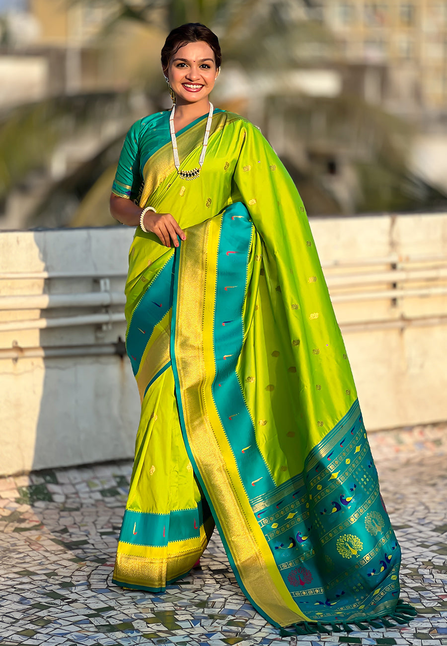 Pista Paithani Silk Saree with Muniya Satin Border