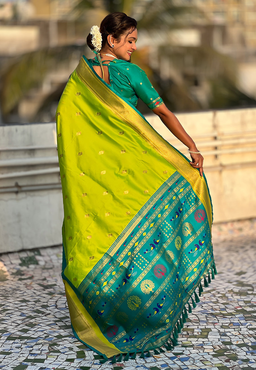 Pista Paithani Silk Saree with Muniya Satin Border