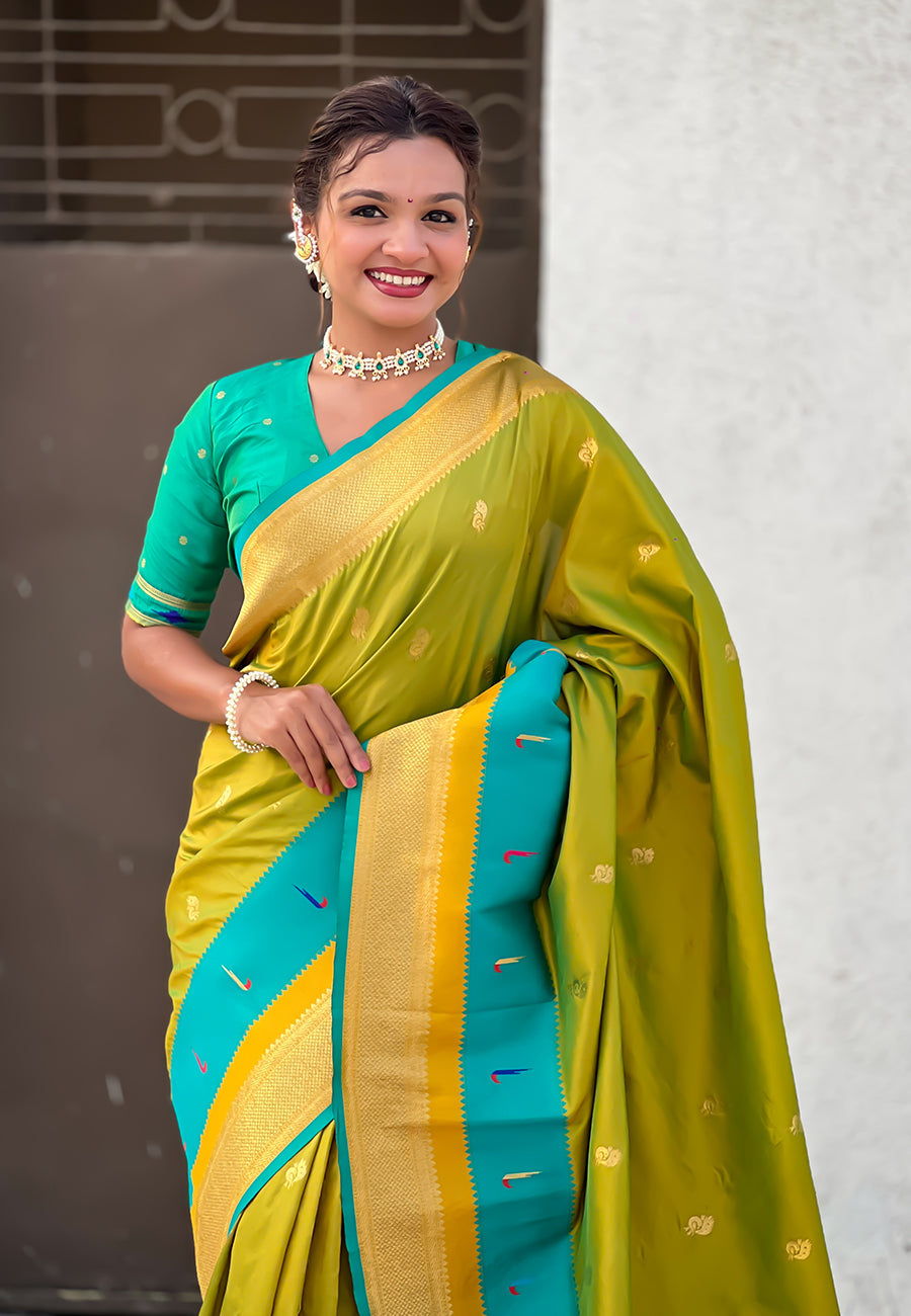 Mehendi Green Paithani Silk Saree with Muniya Satin Border