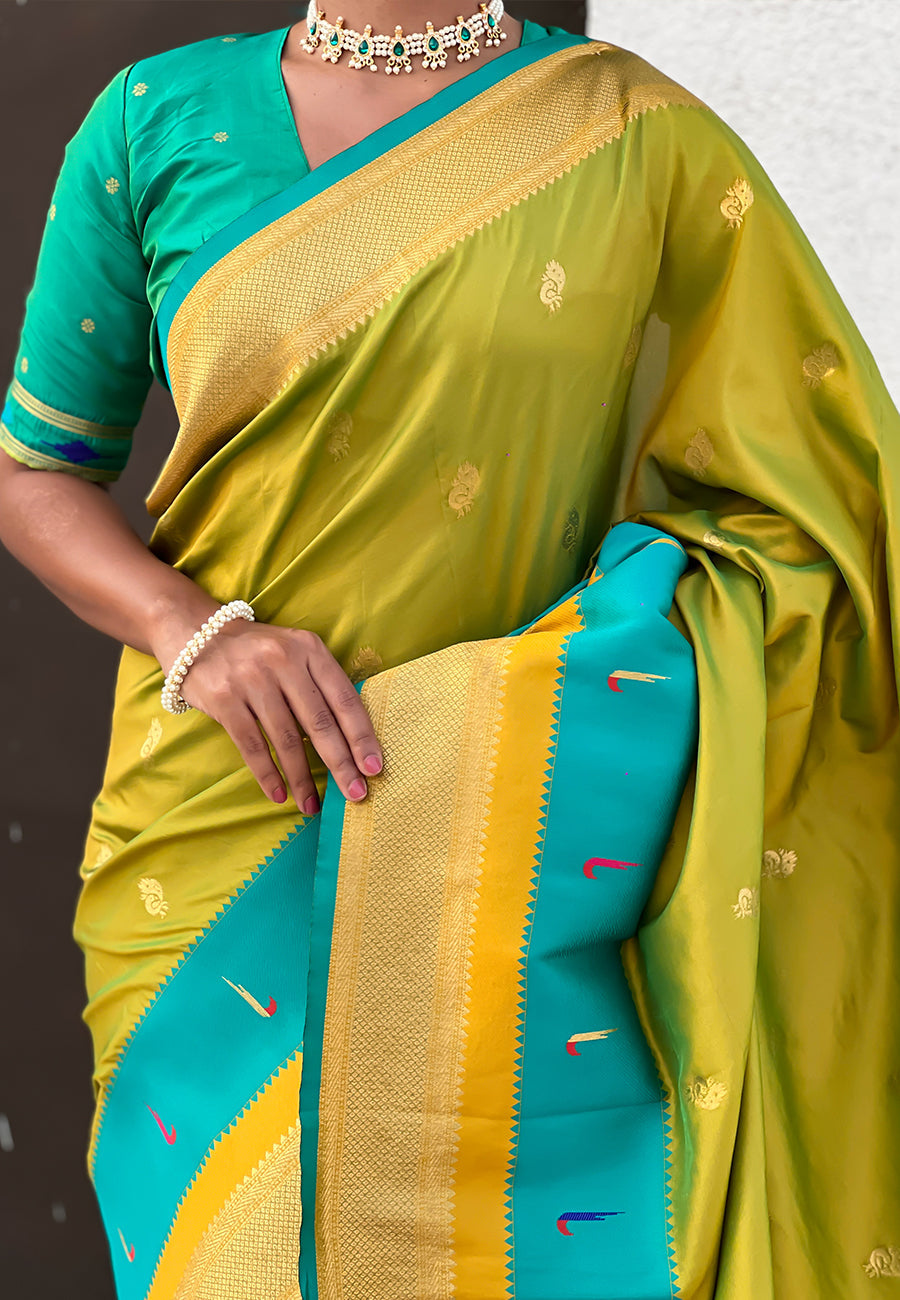Mehendi Green Paithani Silk Saree with Muniya Satin Border