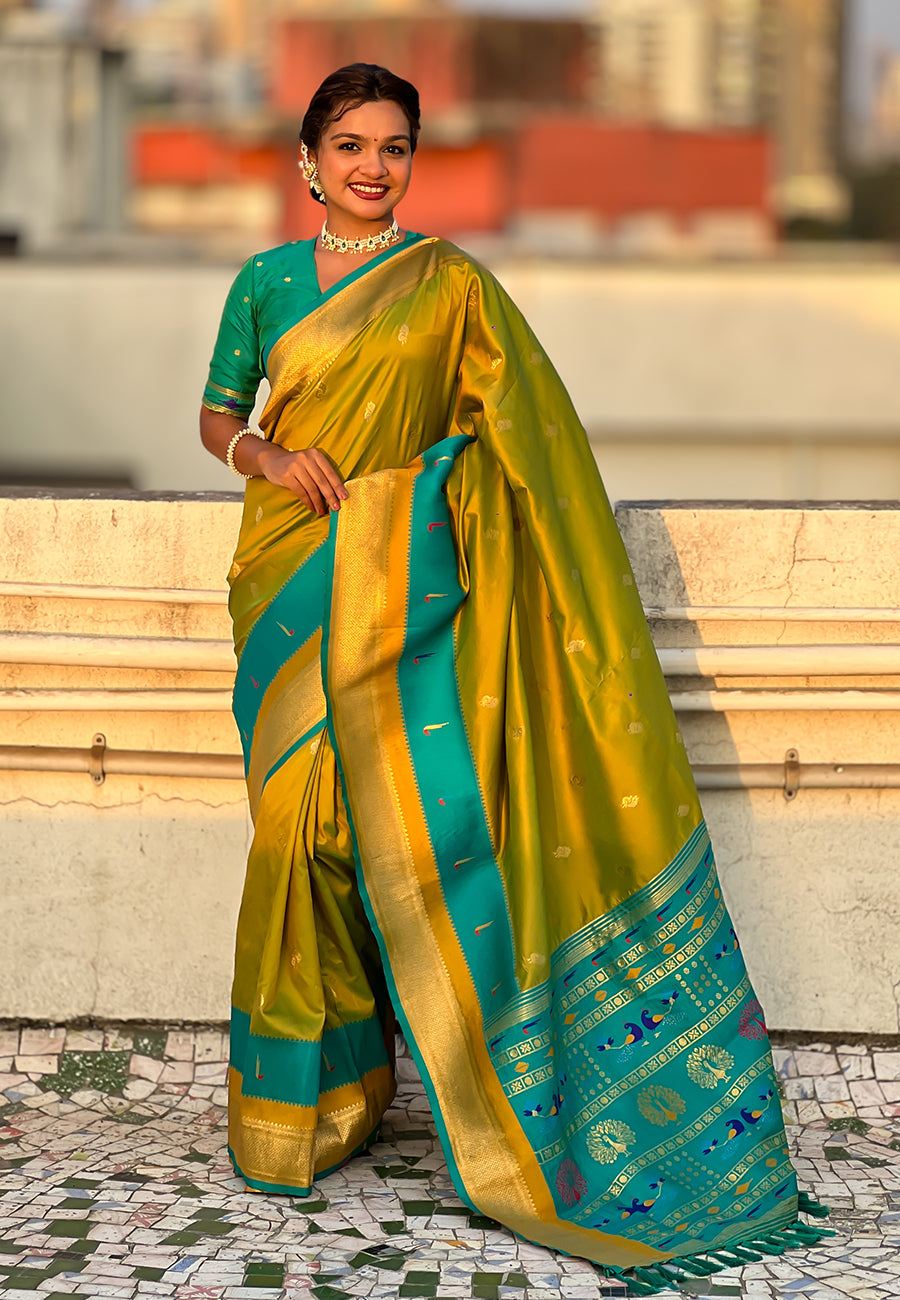 Mehendi Green Paithani Silk Saree with Muniya Satin Border