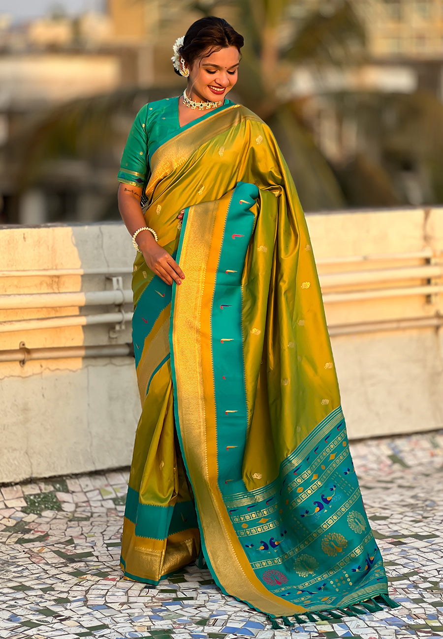 Mehendi Green Paithani Silk Saree with Muniya Satin Border